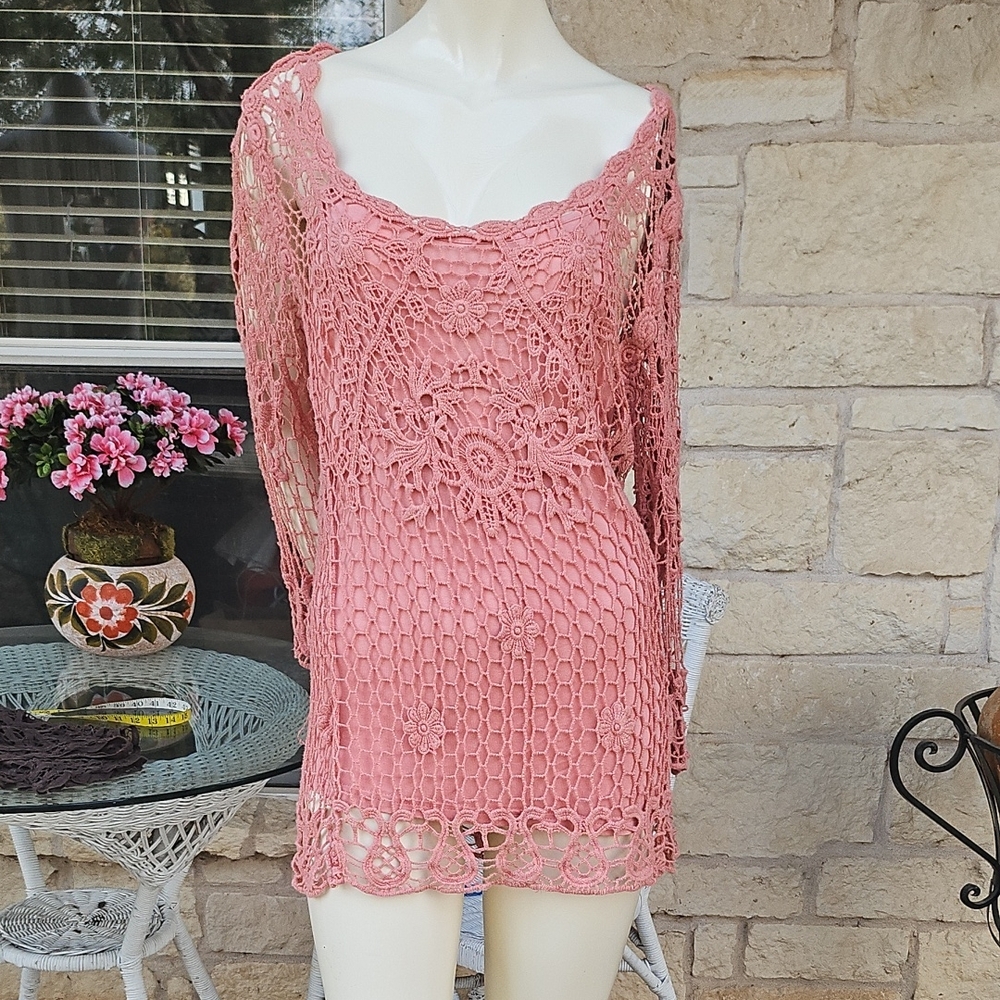 Atmosphere Blush Pink Crochet Lace Tunic Top Undershirt Cami Attached M